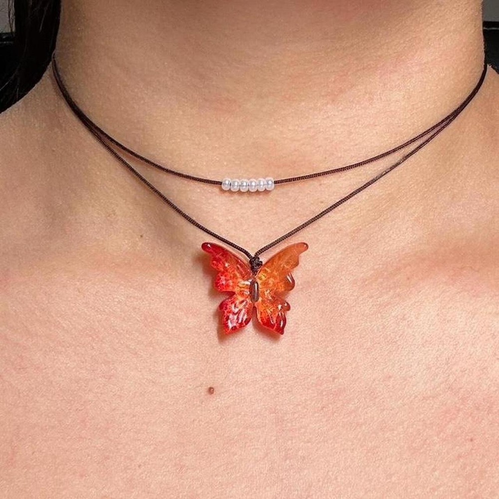 Butterfly dainty duo set bundle necklaces boho minimalist adjustable cord orange